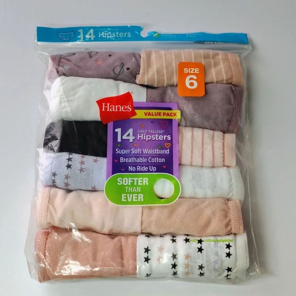 Hanes Girls' Tagless Hipsters (Size 6, 12-Pack) Cotton underwear